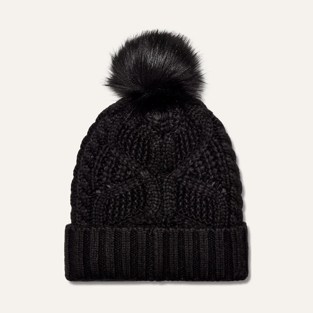 Women's Cable Beanie With Pom - BLACK