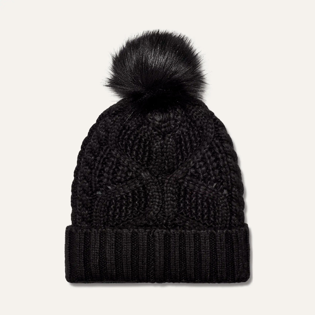 Women's Cable Beanie With Pom - BLACK