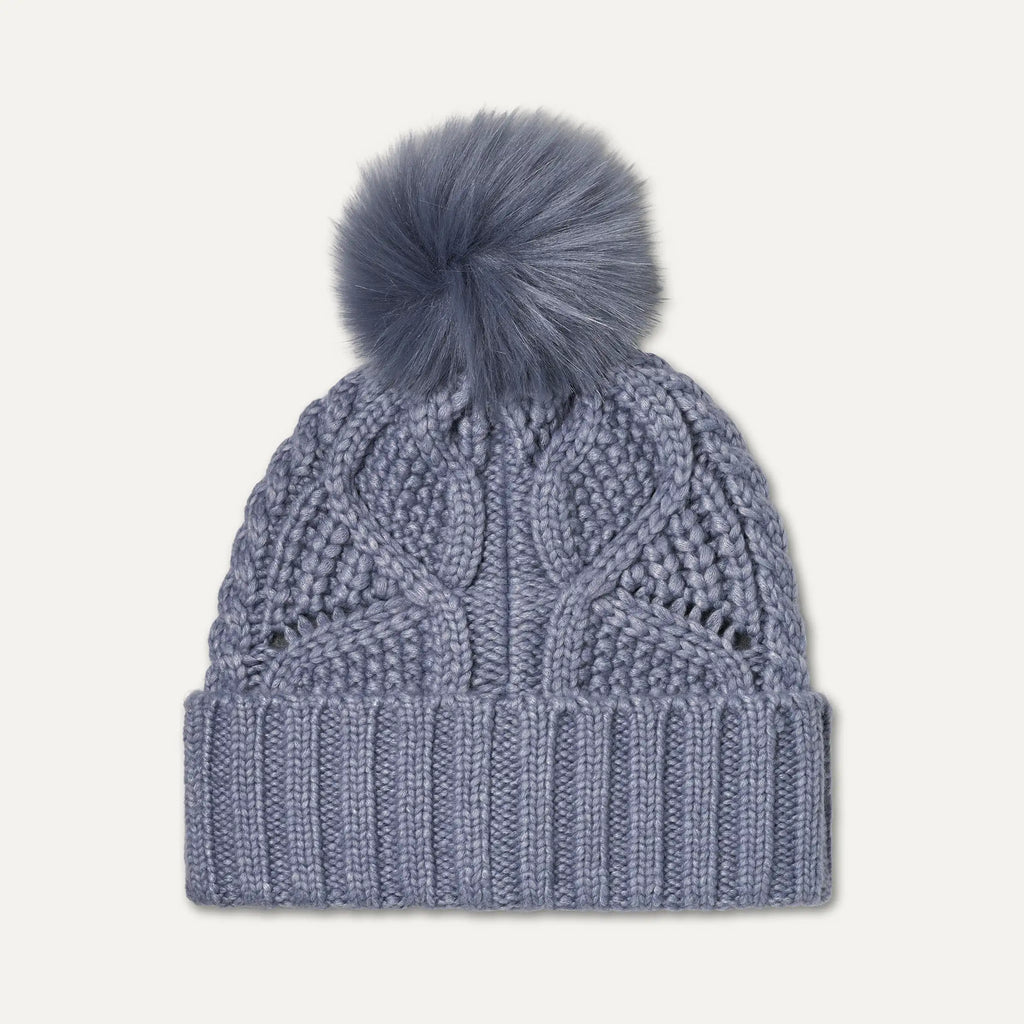 Women's Cable Beanie With Pom - SILVER BLUE